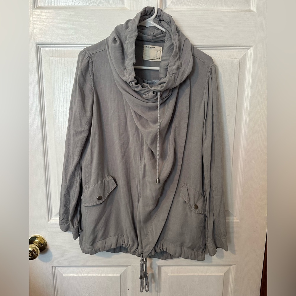 Life in Progress Gray Lightweight Cowl Neck Hooded Zip-Up Shacket